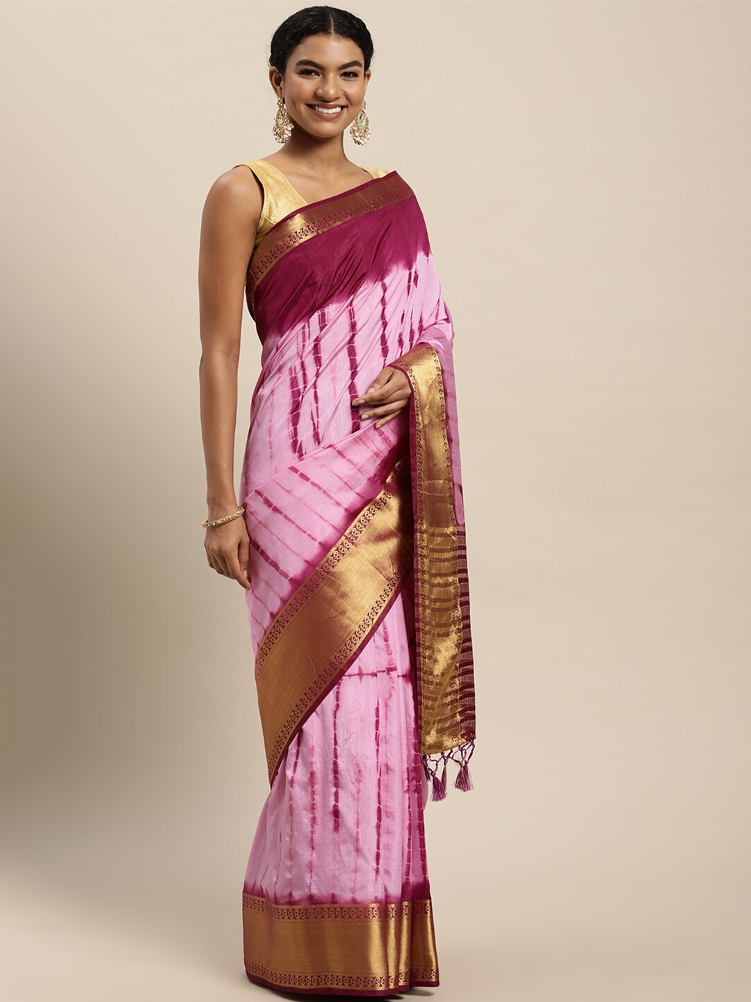 

VAIRAGEE Tie and Dye Zari Saree, Pink