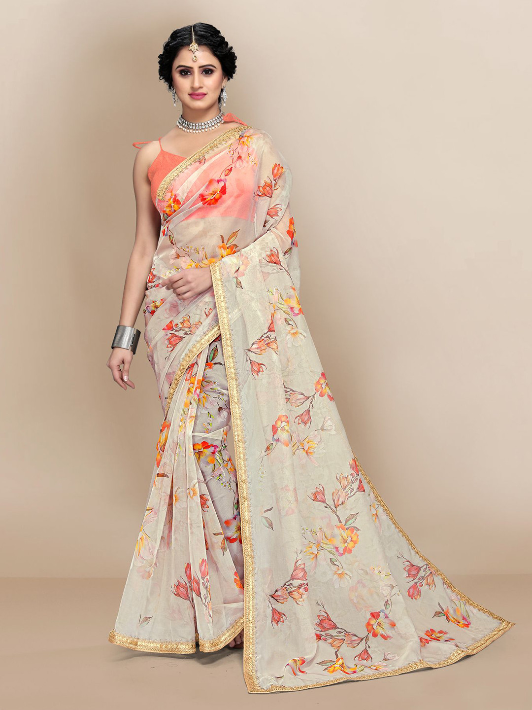 

VAIRAGEE Floral Printed Organza Saree, Cream