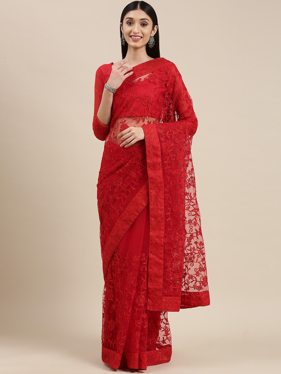

VAIRAGEE Floral Embroidered Net Saree, Red