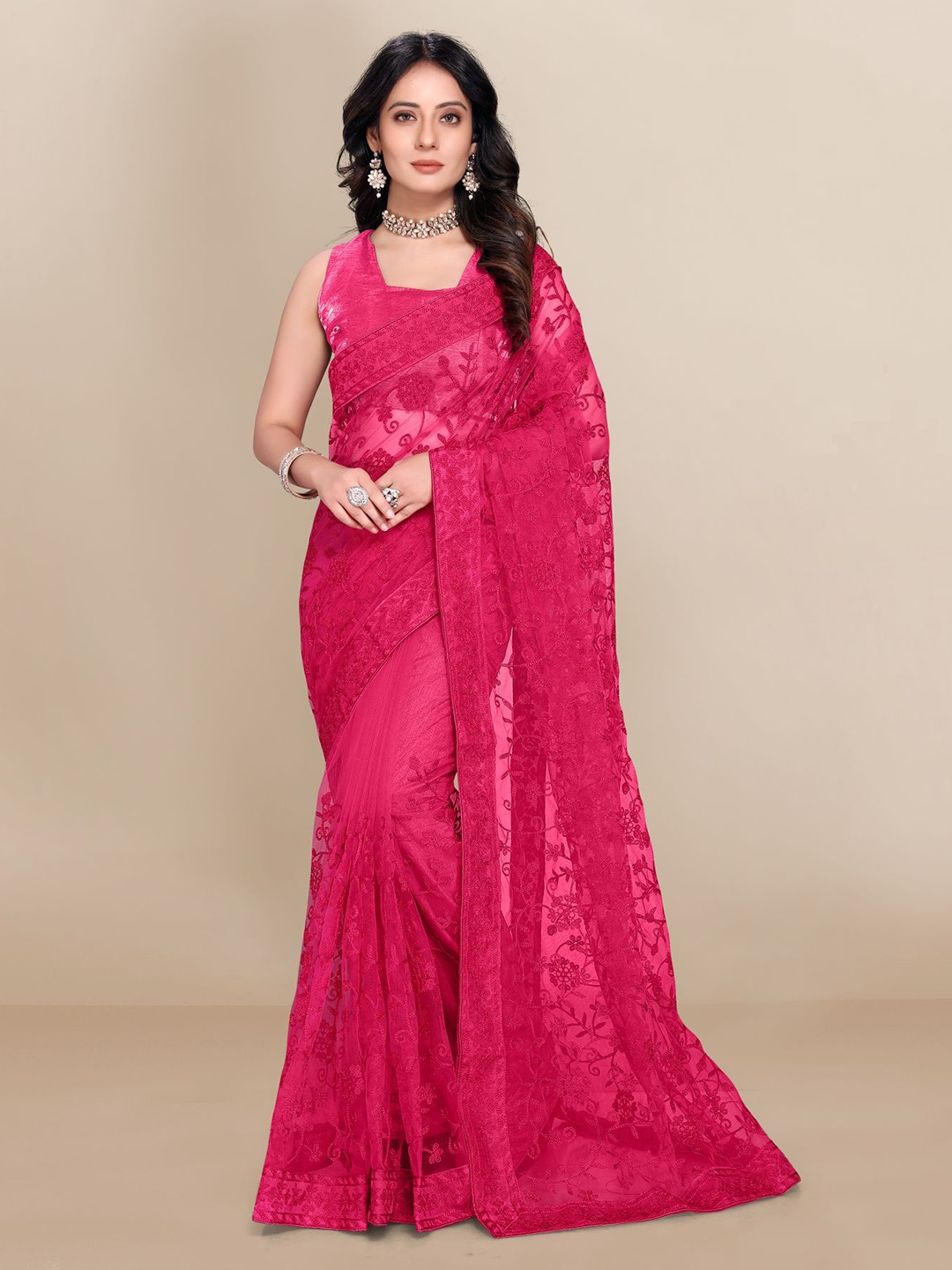 

VAIRAGEE Floral Embroidered Net Saree, Pink
