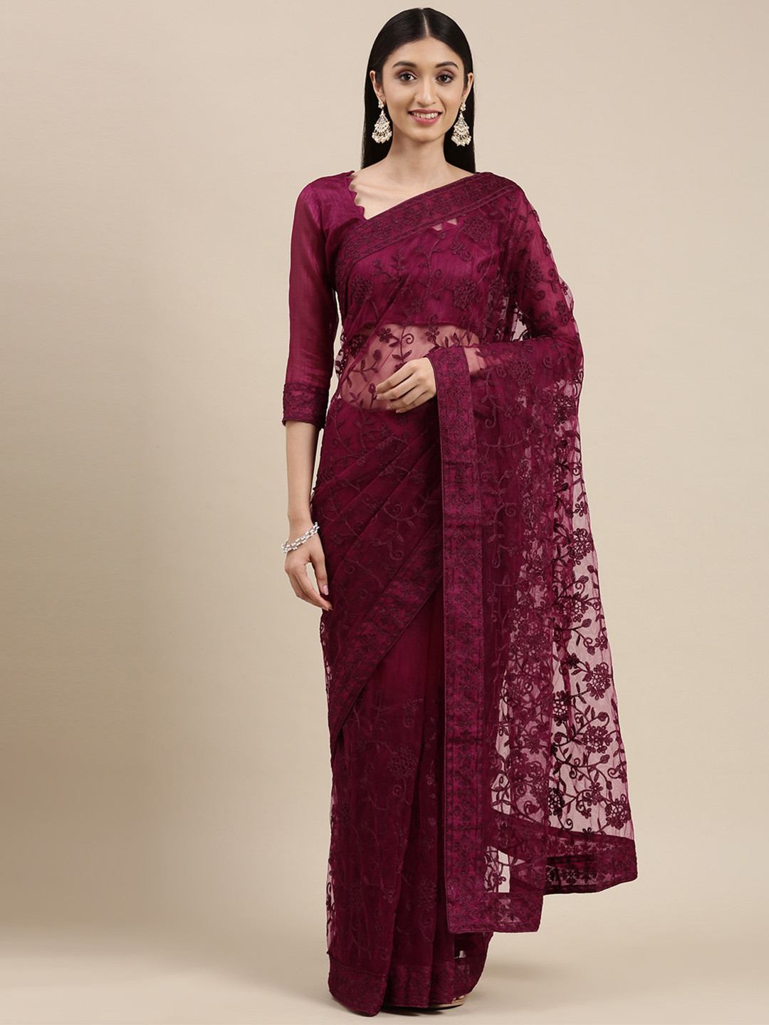 

VAIRAGEE Floral Embroidered Net Saree, Magenta