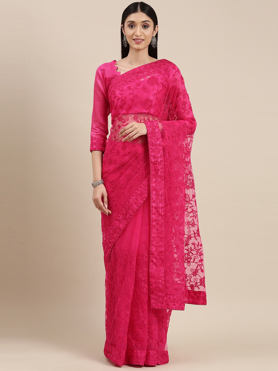 

VAIRAGEE Floral Embroidered Net Saree, Pink