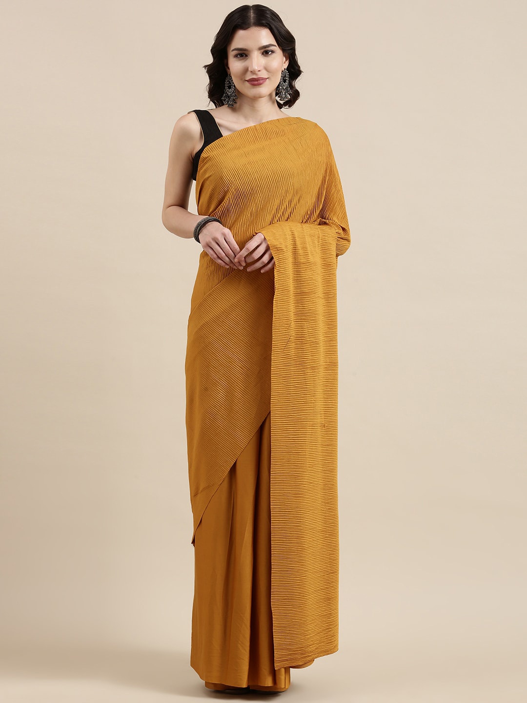 

VAIRAGEE Striped Voile Saree, Mustard