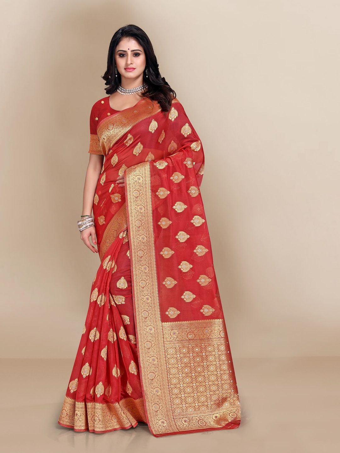 

VAIRAGEE Ethnic Motifs Zari Organza Banarasi Saree, Red