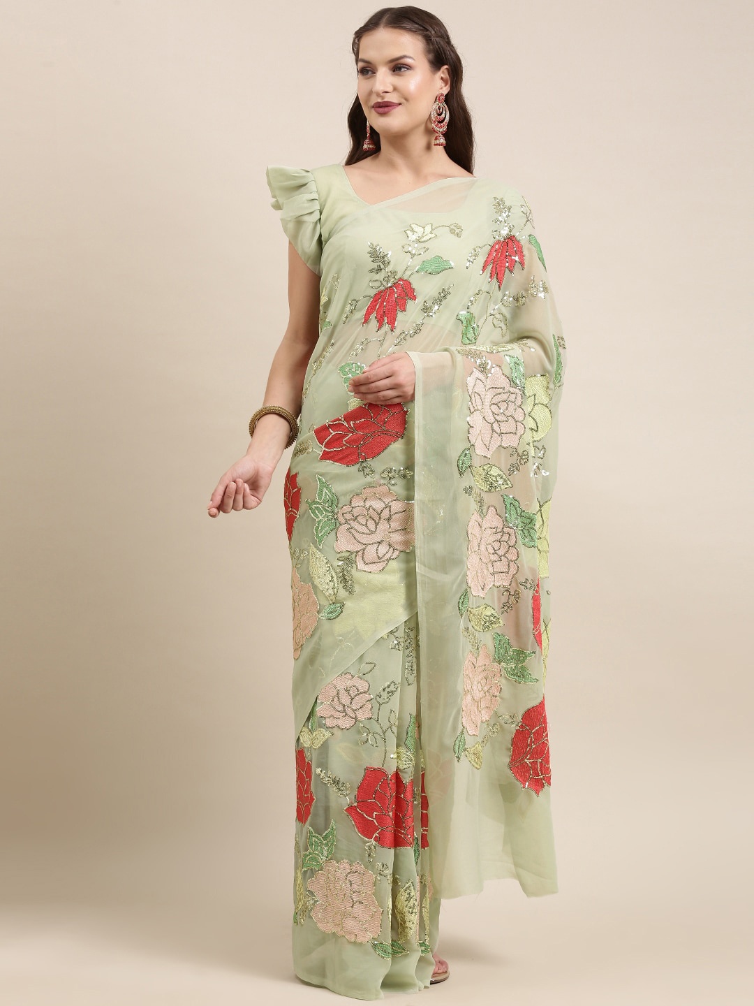 

VAIRAGEE Floral Embroidered Sequinned Saree, Green