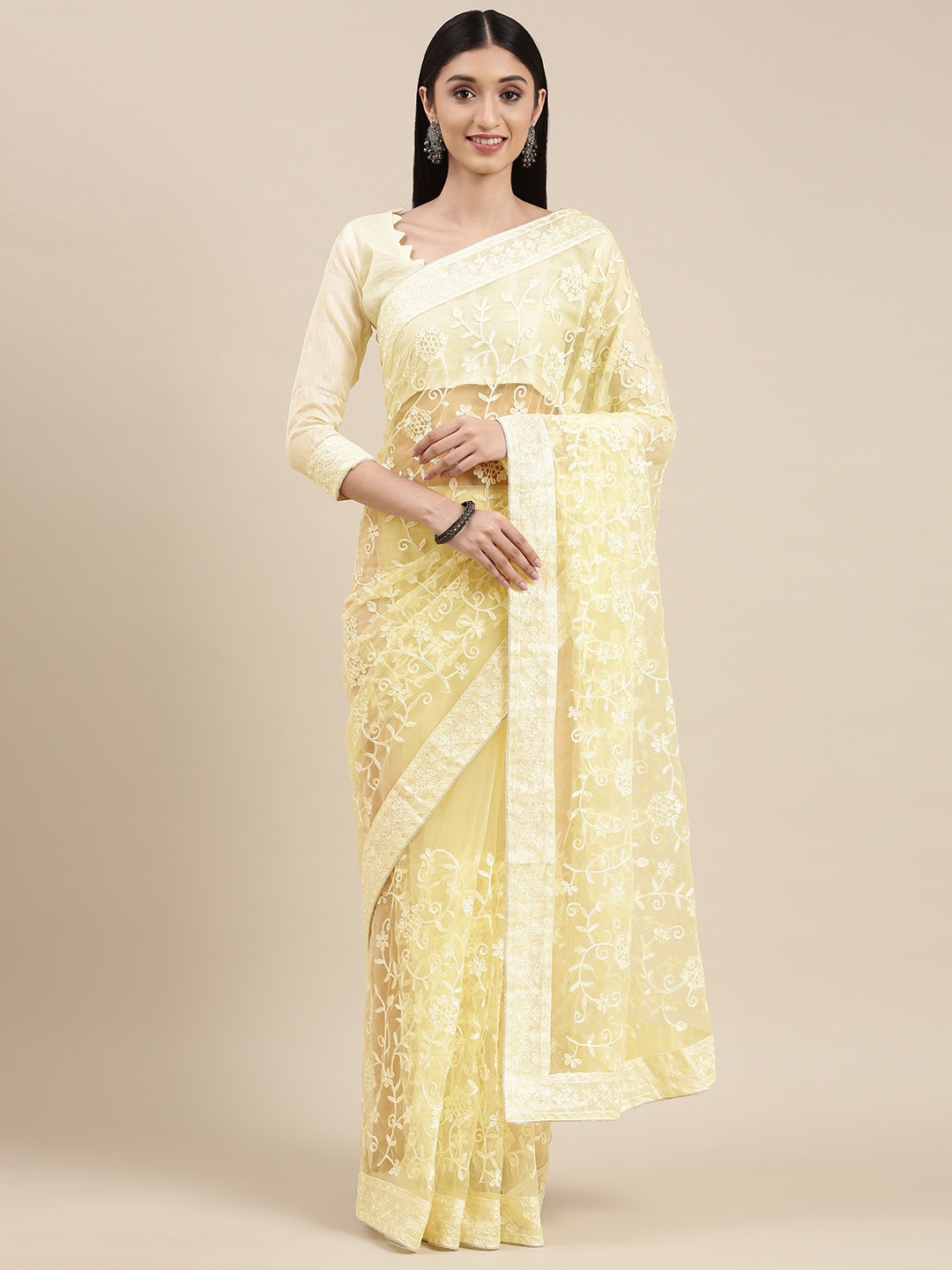 

VAIRAGEE Floral Embroidered Net Saree With Blouse Piece, Yellow