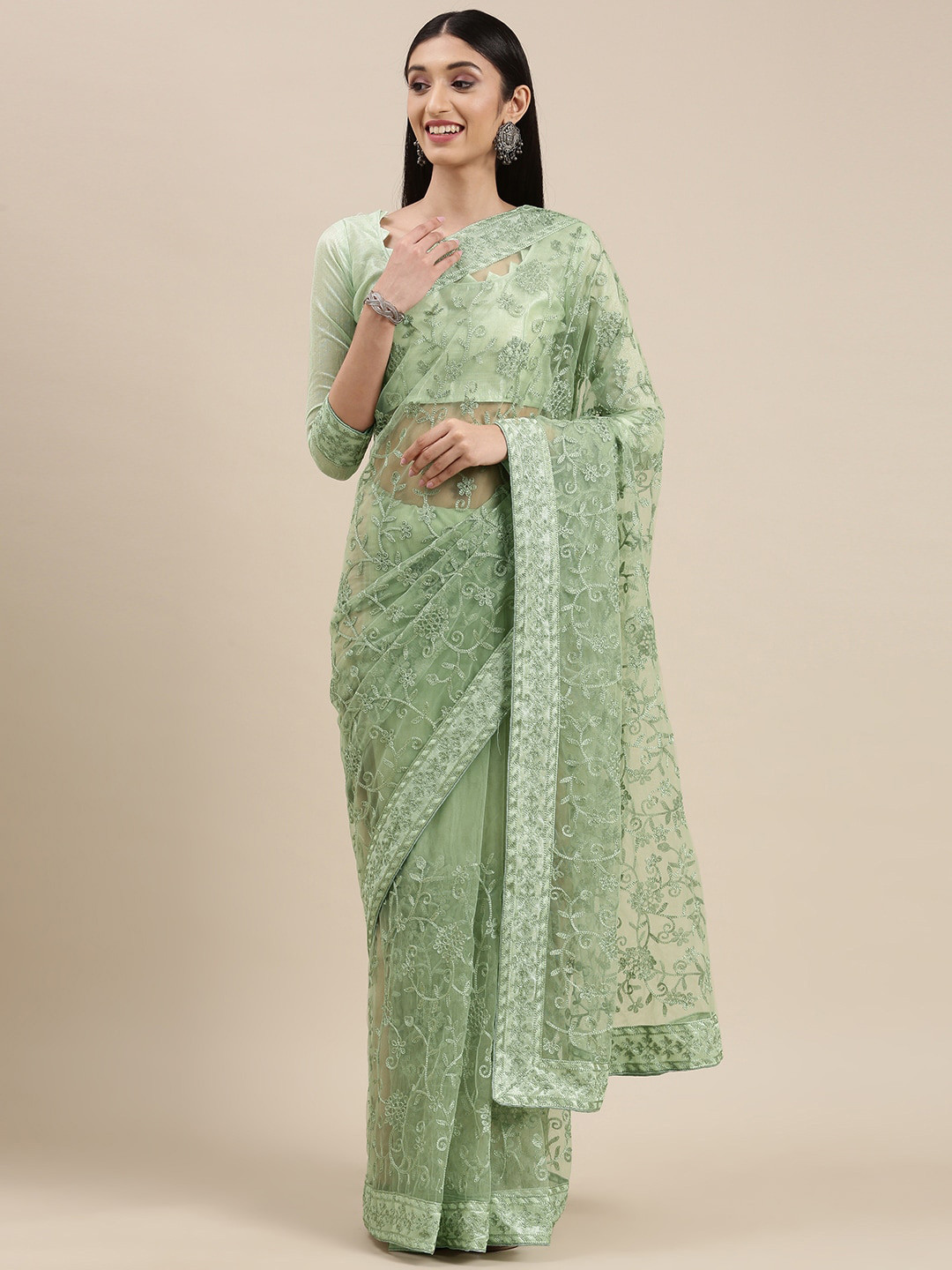

VAIRAGEE Floral Embroidered Net Saree With Blouse Piece, Green
