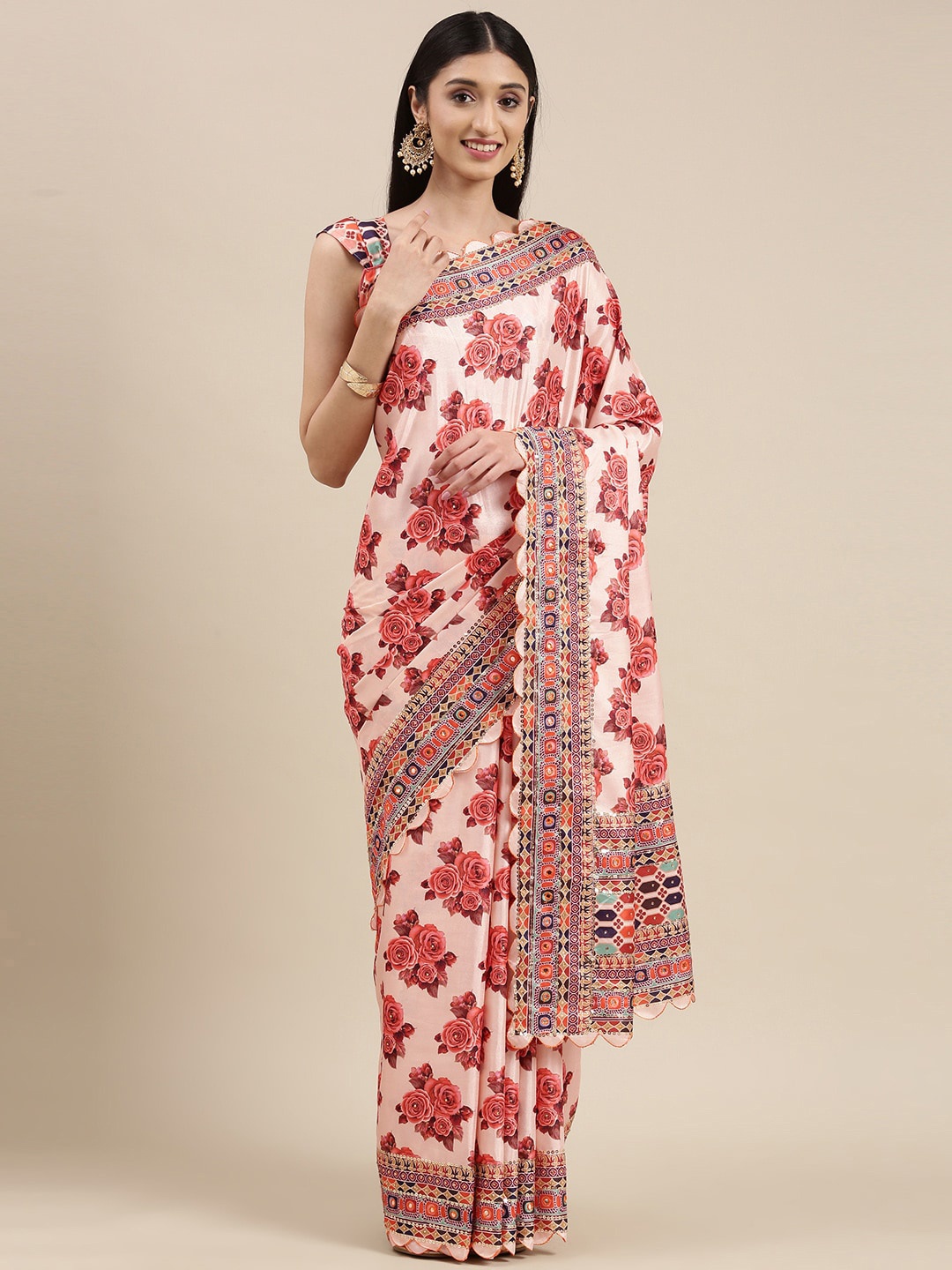 

VAIRAGEE Floral Printed Sequinned Border Saree, Pink