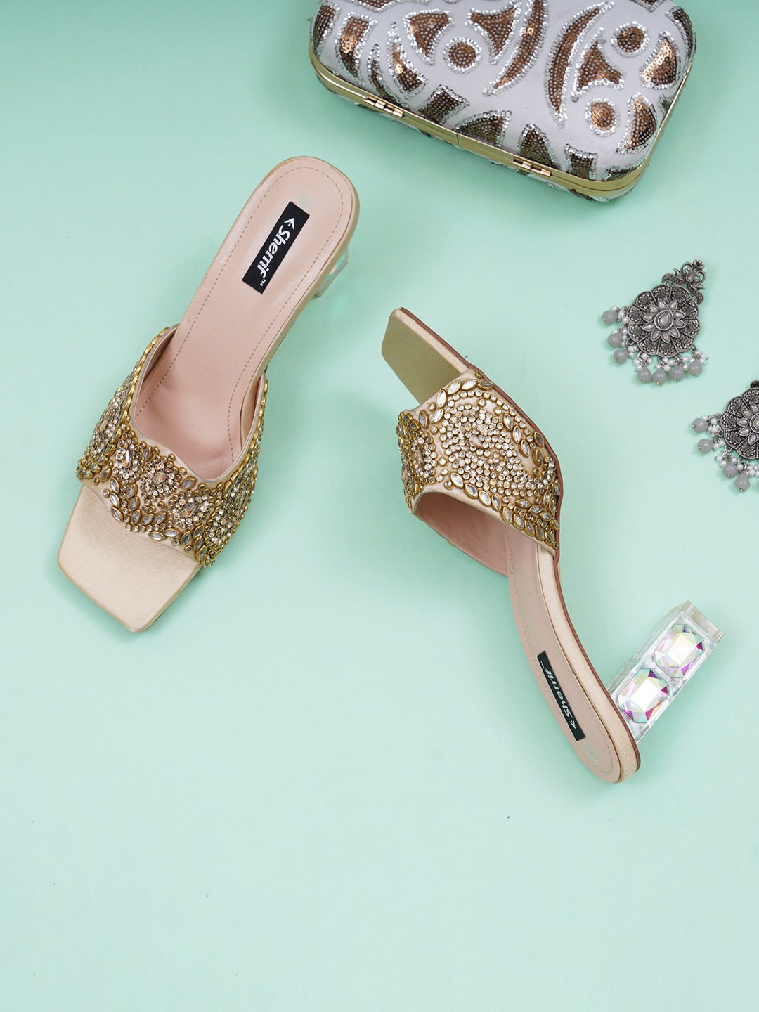 

Sherrif Shoes Women Open Toes Party Block Heels, Gold