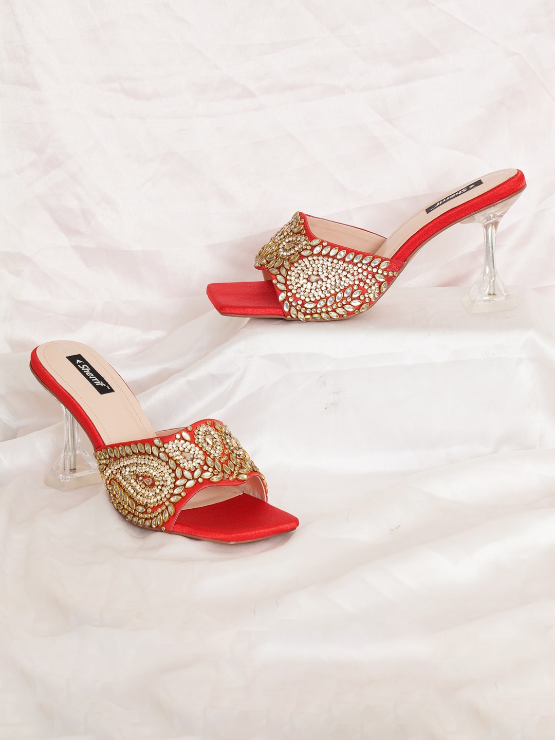 

Sherrif Shoes Women Peep Toes Party Slim Heels, Red