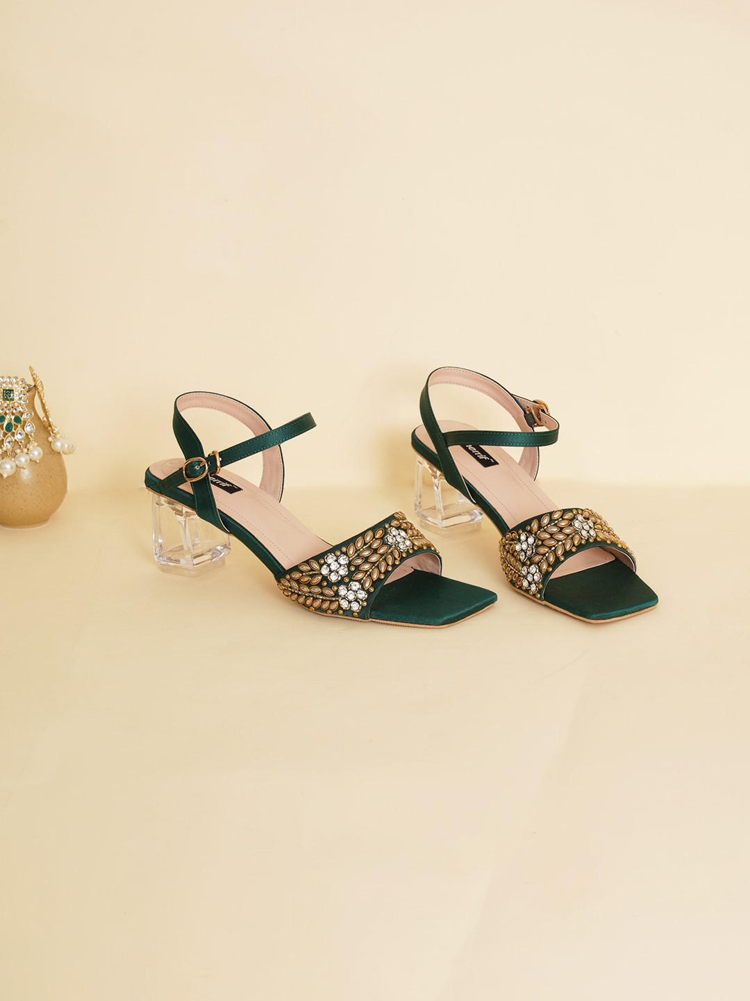 

Sherrif Shoes Square Toe Embellished Block Heels, Green