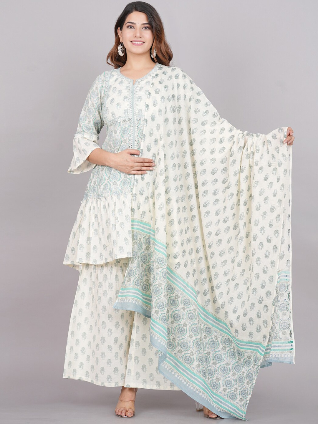 

YASH GALLERY Printed Notch Neck Pure Cotton Empire Kurta with Sharara & Dupatta, Sea green