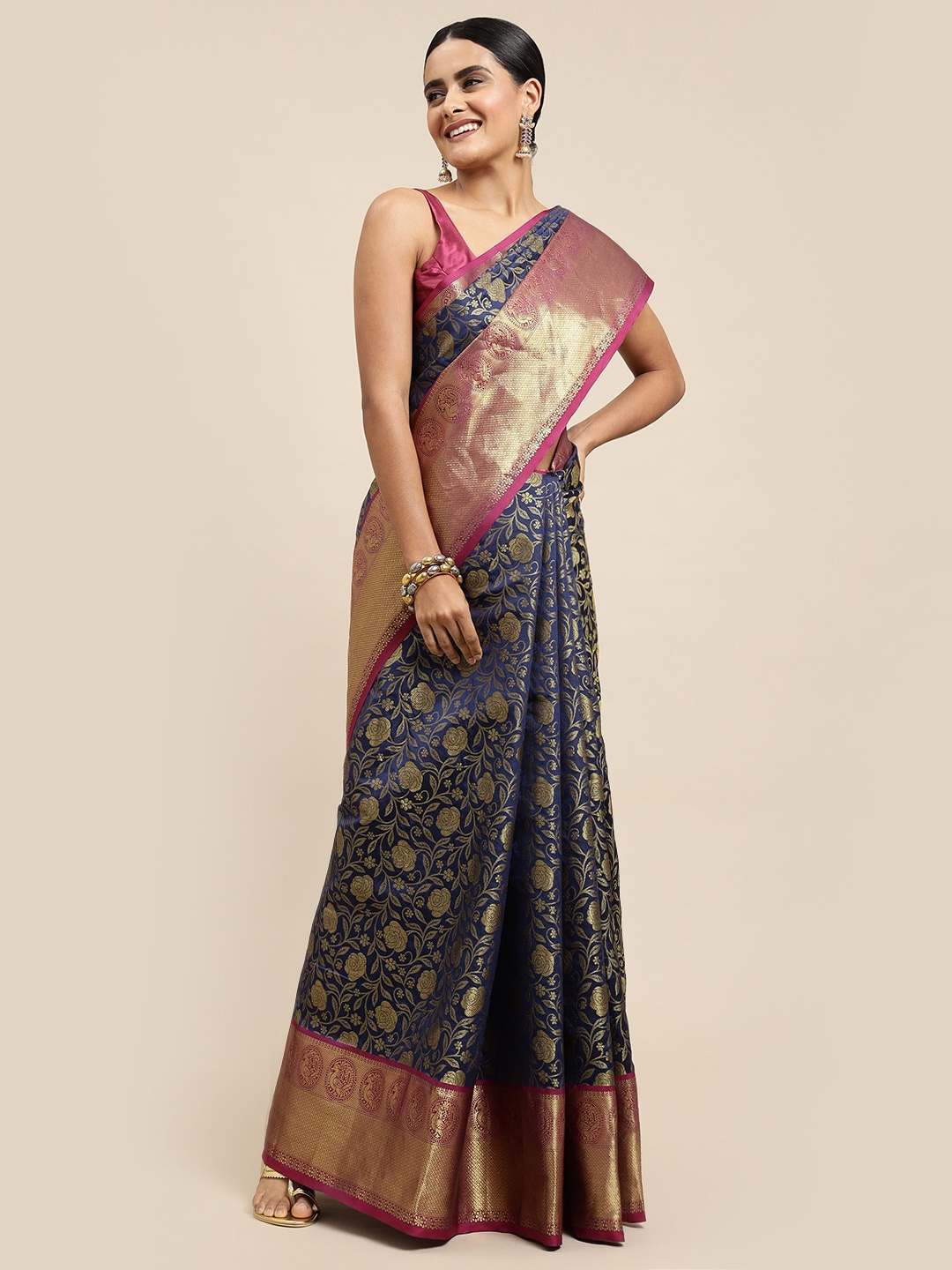 

Royal Rajgharana Saree Floral Woven Design Pure Silk Banarasi Sarees, Navy blue