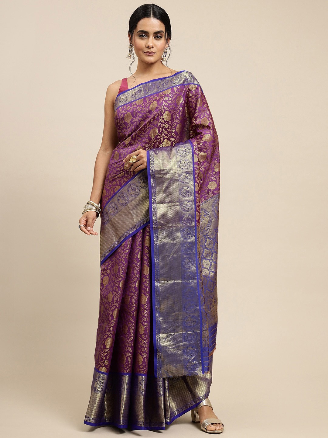 

Royal Rajgharana Saree Floral Woven Design Zari Pure Silk Banarasi Sarees, Purple
