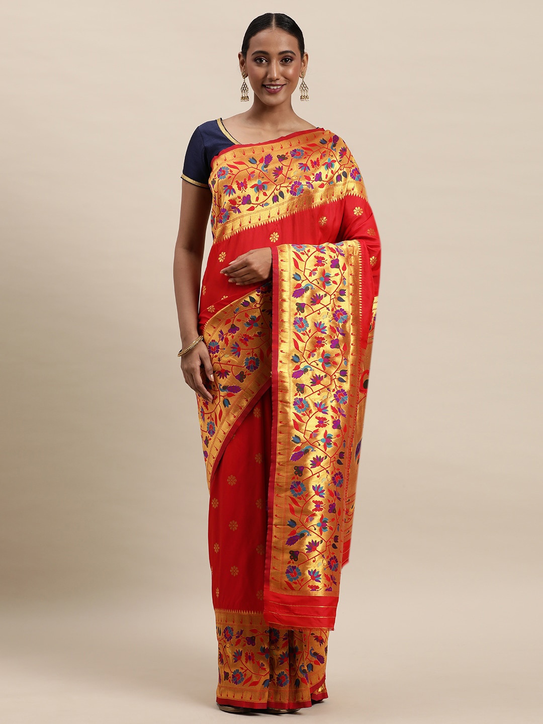 

Royal Rajgharana Saree Floral Woven Design Zari Pure Silk Paithani Saree, Red