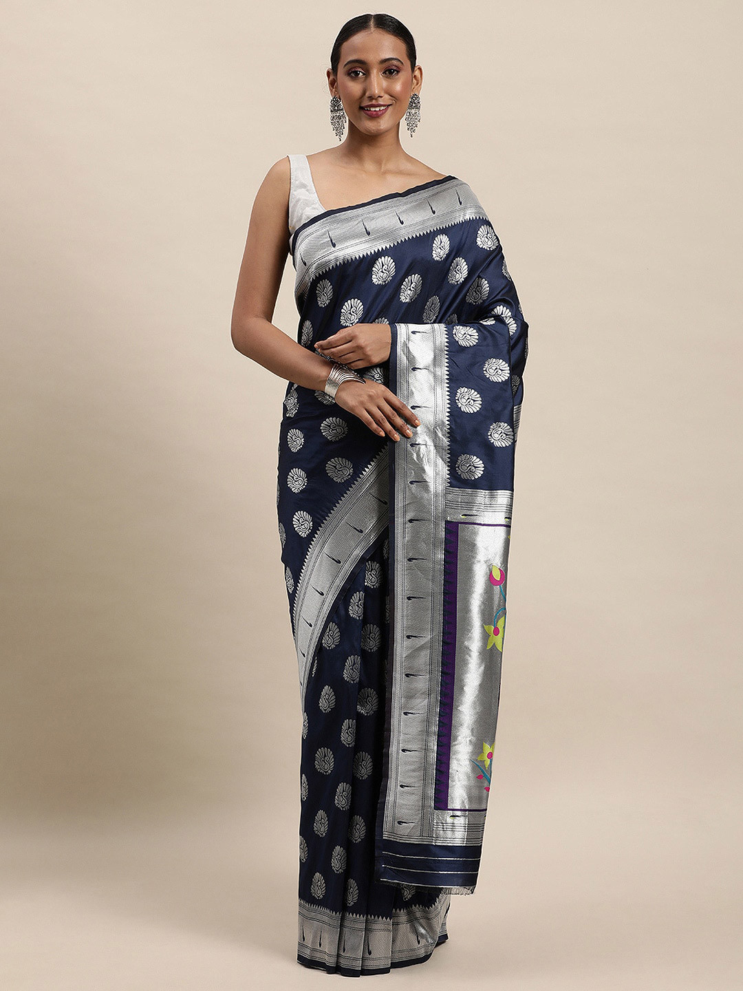 

Royal Rajgharana Saree Ethnic Motif Woven Design Pure Silk Paithani Saree, Navy blue