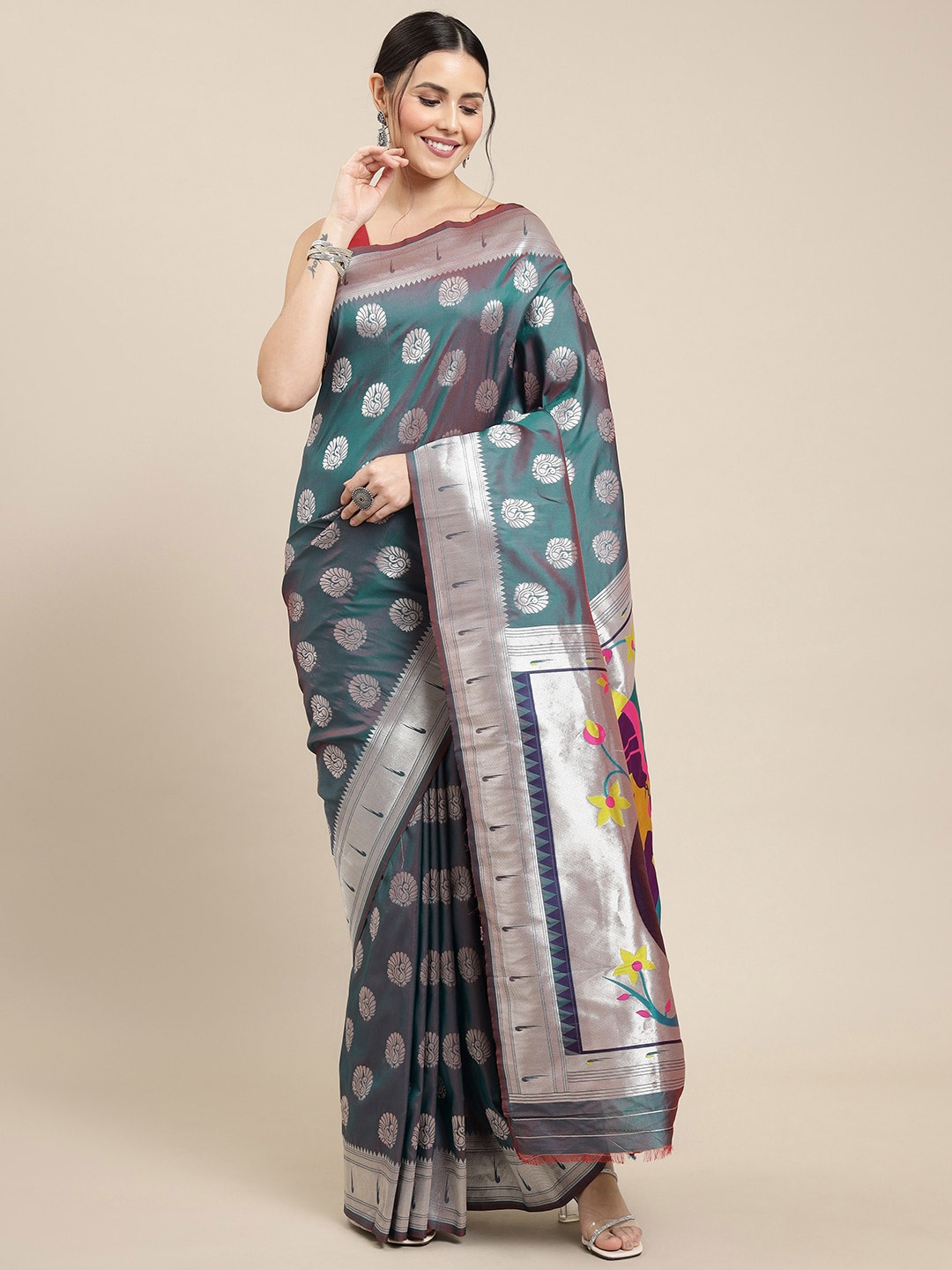 

Royal Rajgharana Saree Ethnic Motif Woven Design Pure Silk Paithani Sarees, Teal