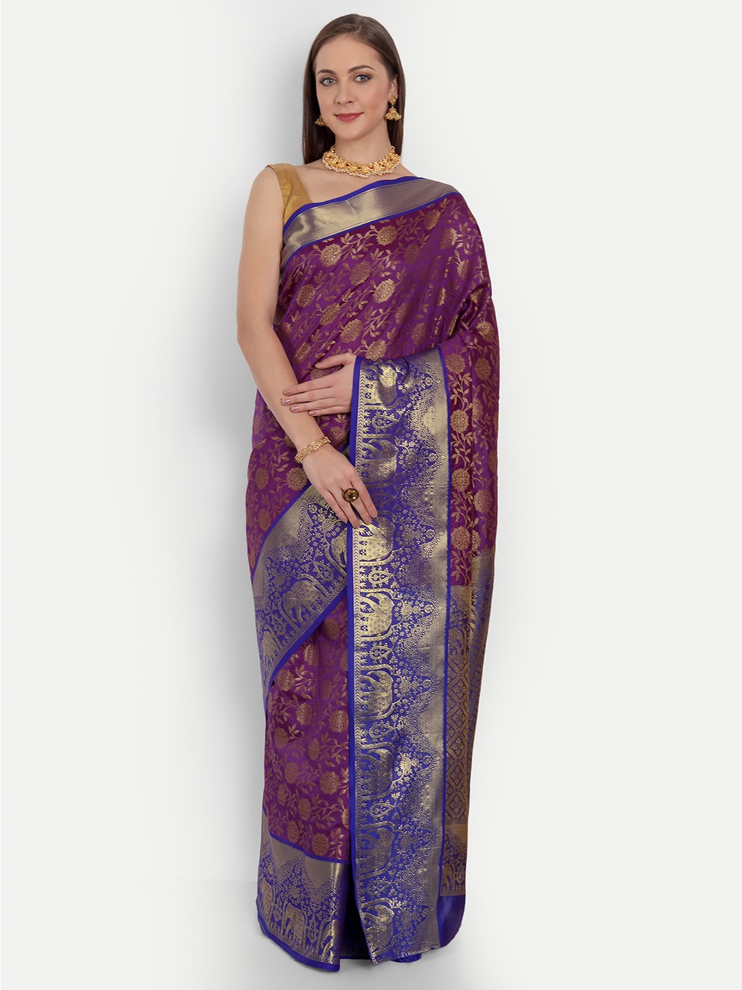 

Royal Rajgharana Saree Floral Woven Design Zari Pure Silk Banarasi Saree, Purple