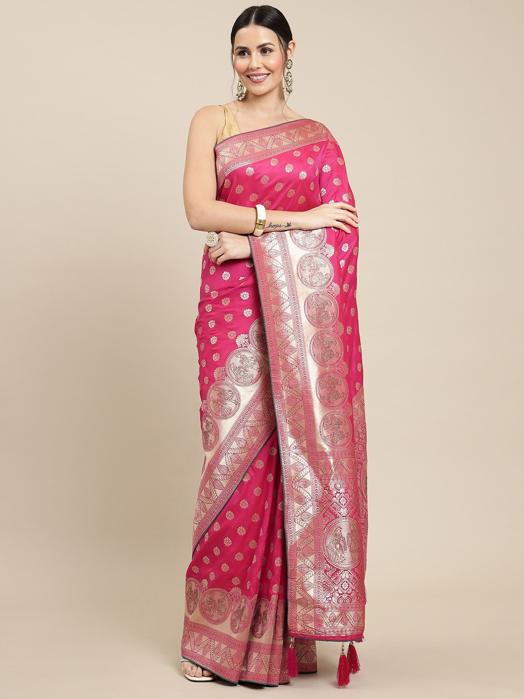 

Royal Rajgharana Saree Ethnic Motif Woven Design Pure Silk Banarasi Sarees, Pink