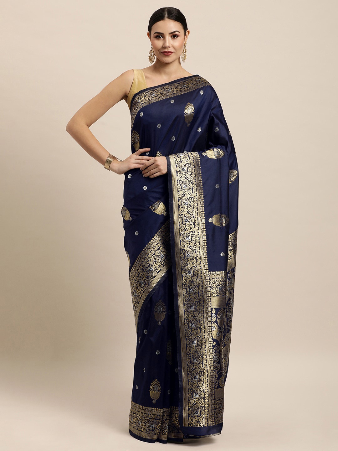 

Royal Rajgharana Saree Floral Woven Design Zari Pure Silk Banarasi Saree, Navy blue