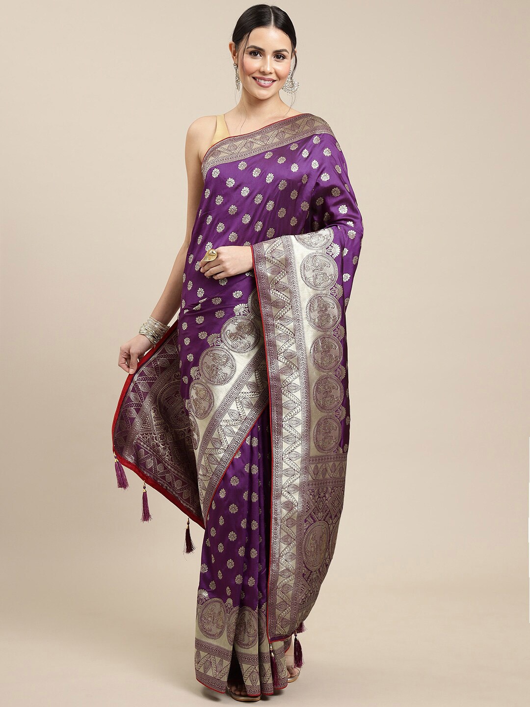 

Royal Rajgharana Saree Floral Woven Design Pure Silk Banarasi Saree, Purple