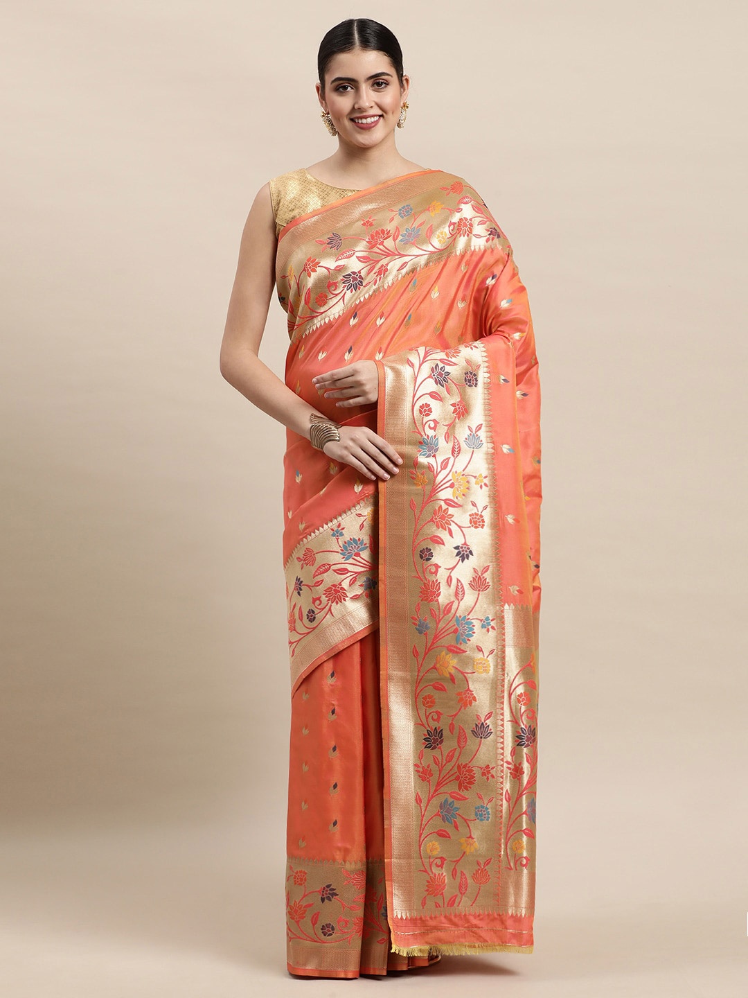 

Royal Rajgharana Saree Floral Woven Design Zari Pure Silk Banarasi Sarees, Orange