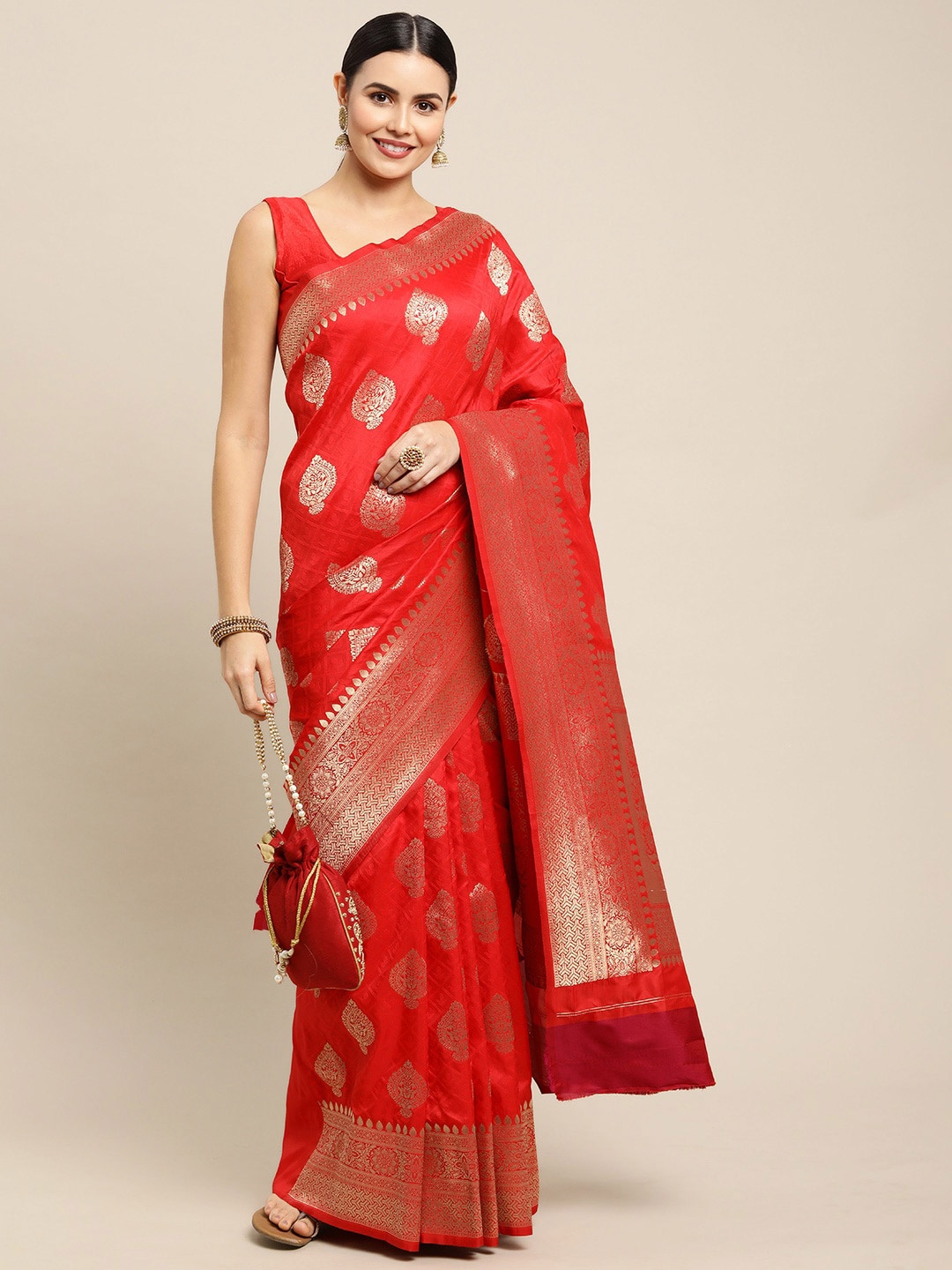 

Royal Rajgharana Saree Ethnic Motifs Zari Pure Silk Banarasi Sarees, Red