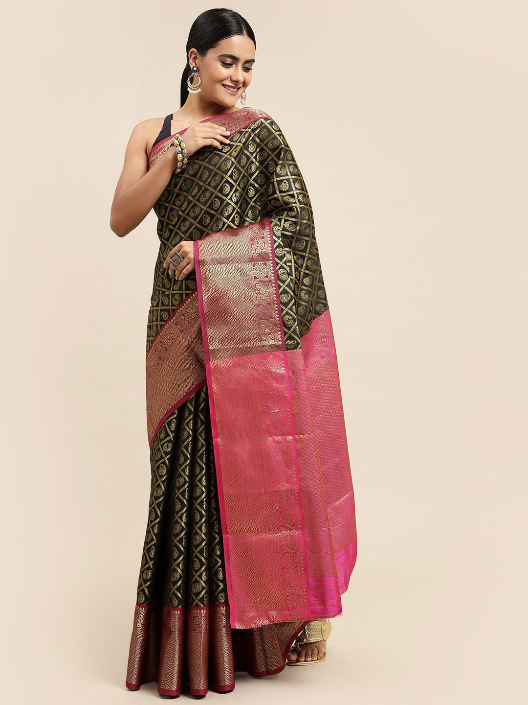 

Royal Rajgharana Saree Ethnic Motifs Woven Design Zari Pure Silk Banarasi Sarees, Black