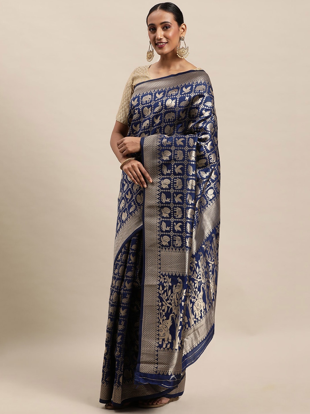 

Royal Rajgharana Saree Ethnic Motifs Woven Design Zari Pure Silk Patola Sarees, Navy blue