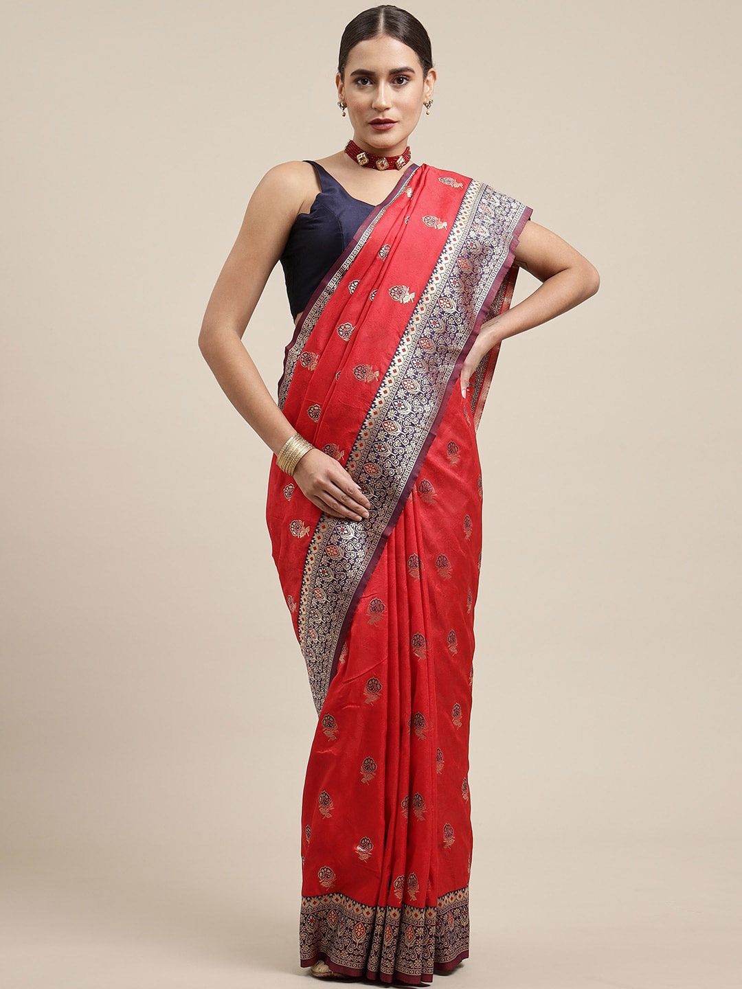 

Royal Rajgharana Saree Floral Motif Woven Design Zari Pure Silk Banarasi Saree, Red