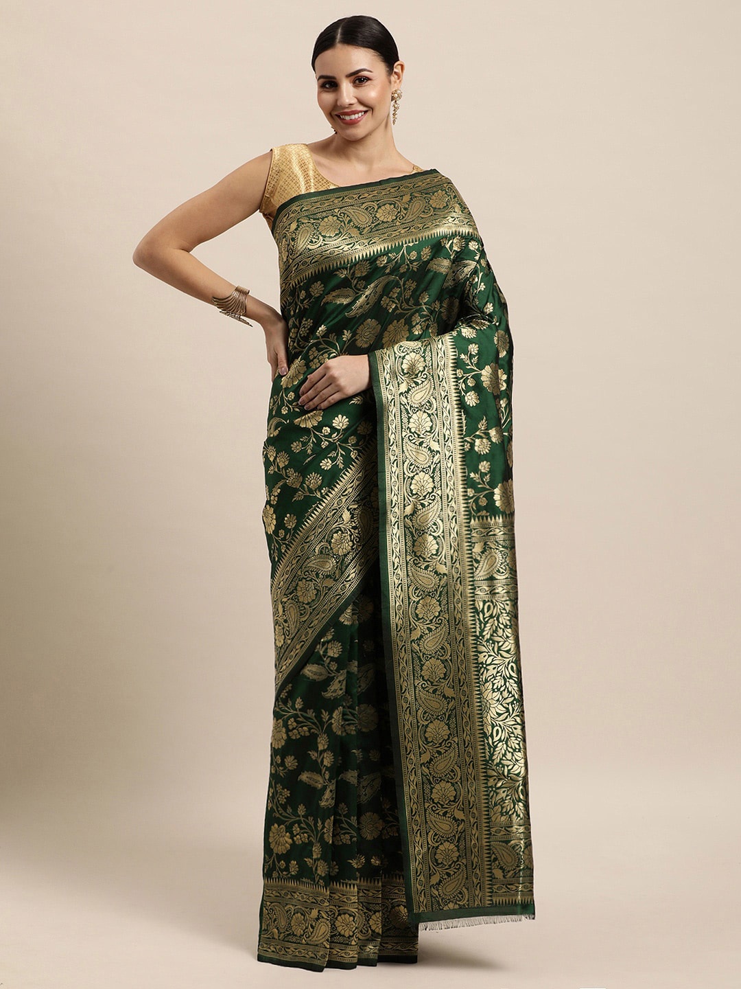 

Royal Rajgharana Saree Floral Woven Design Pure Silk Banarasi Saree, Green