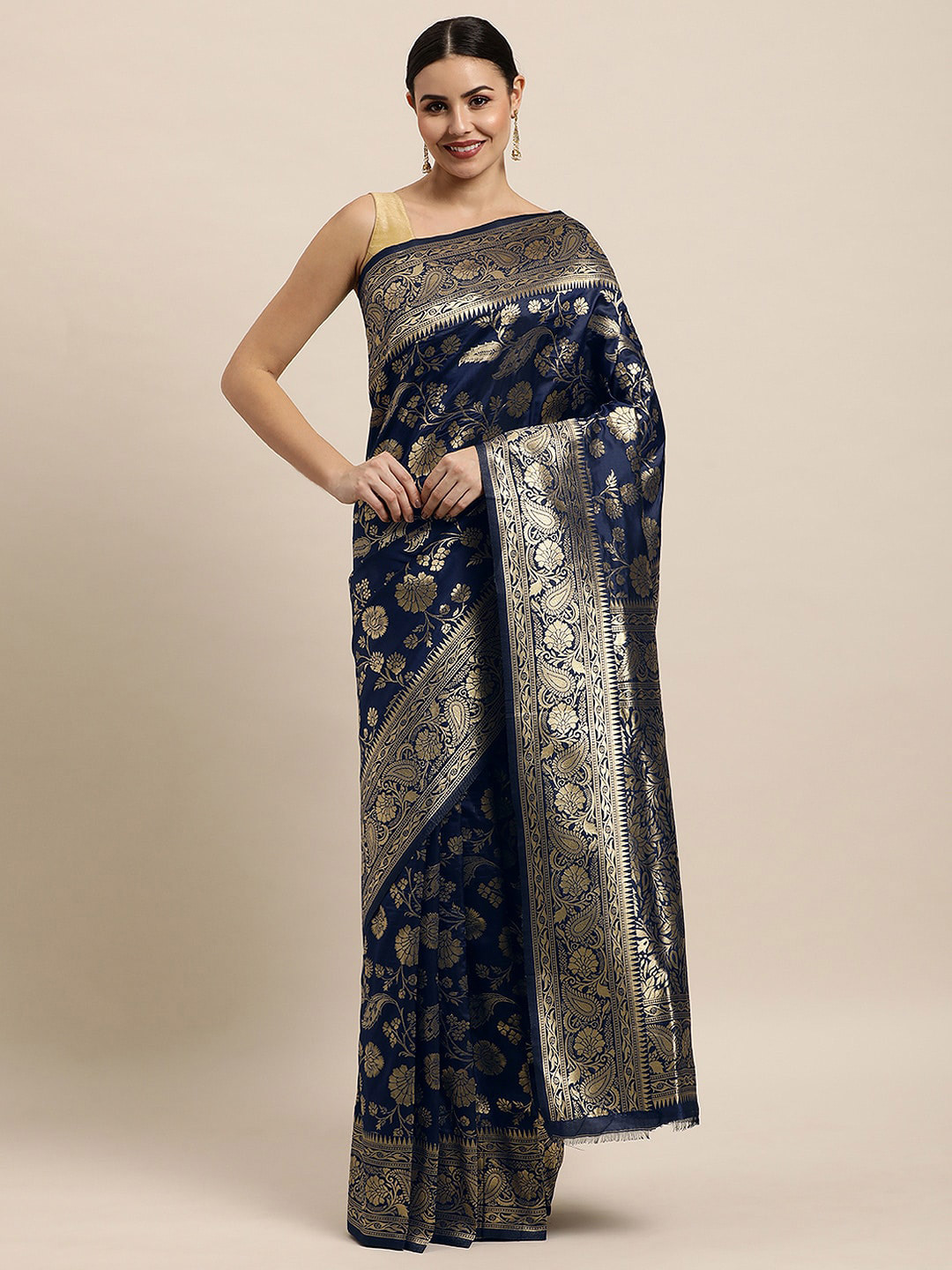 

Royal Rajgharana Saree Ethnic Motifs Woven Design Zari Pure Silk Banarasi Sarees, Navy blue