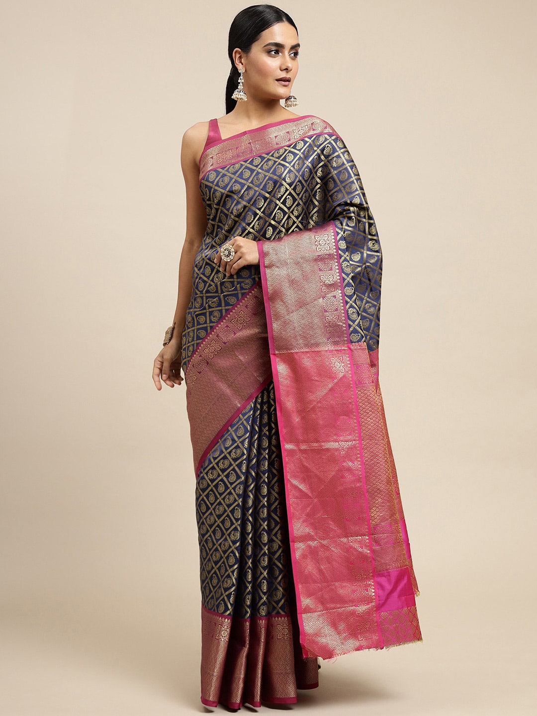 

Royal Rajgharana Saree Woven Design Zari Pure Silk Banarasi Saree, Navy blue