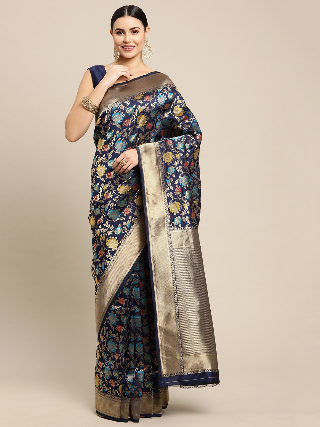 

Royal Rajgharana Saree Floral Motif Woven Design Zari Pure Silk Banarasi Sarees, Navy blue