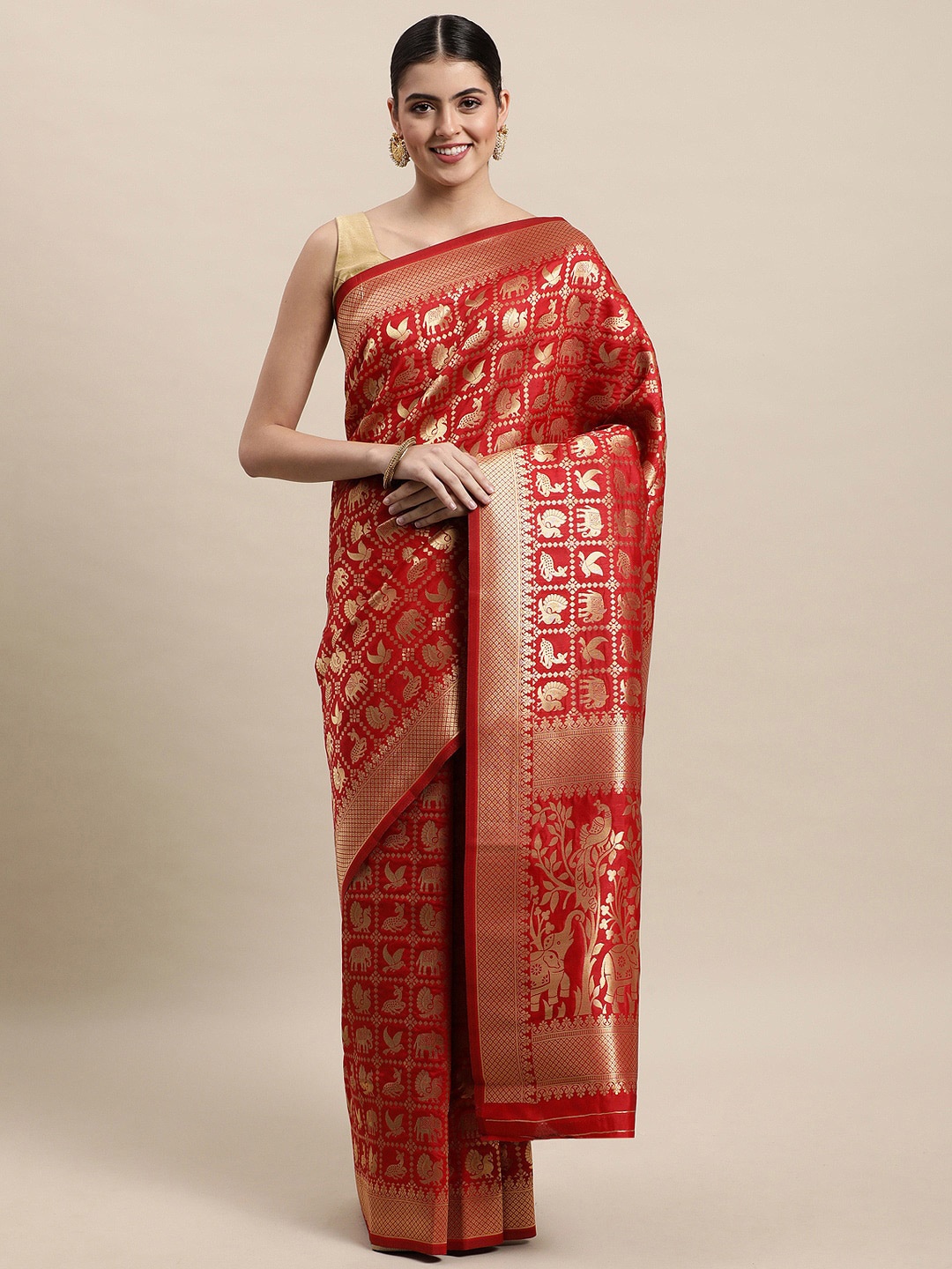 

Royal Rajgharana Saree Ethnic Motif Woven Design Zari Pure Silk Patola Sarees, Red