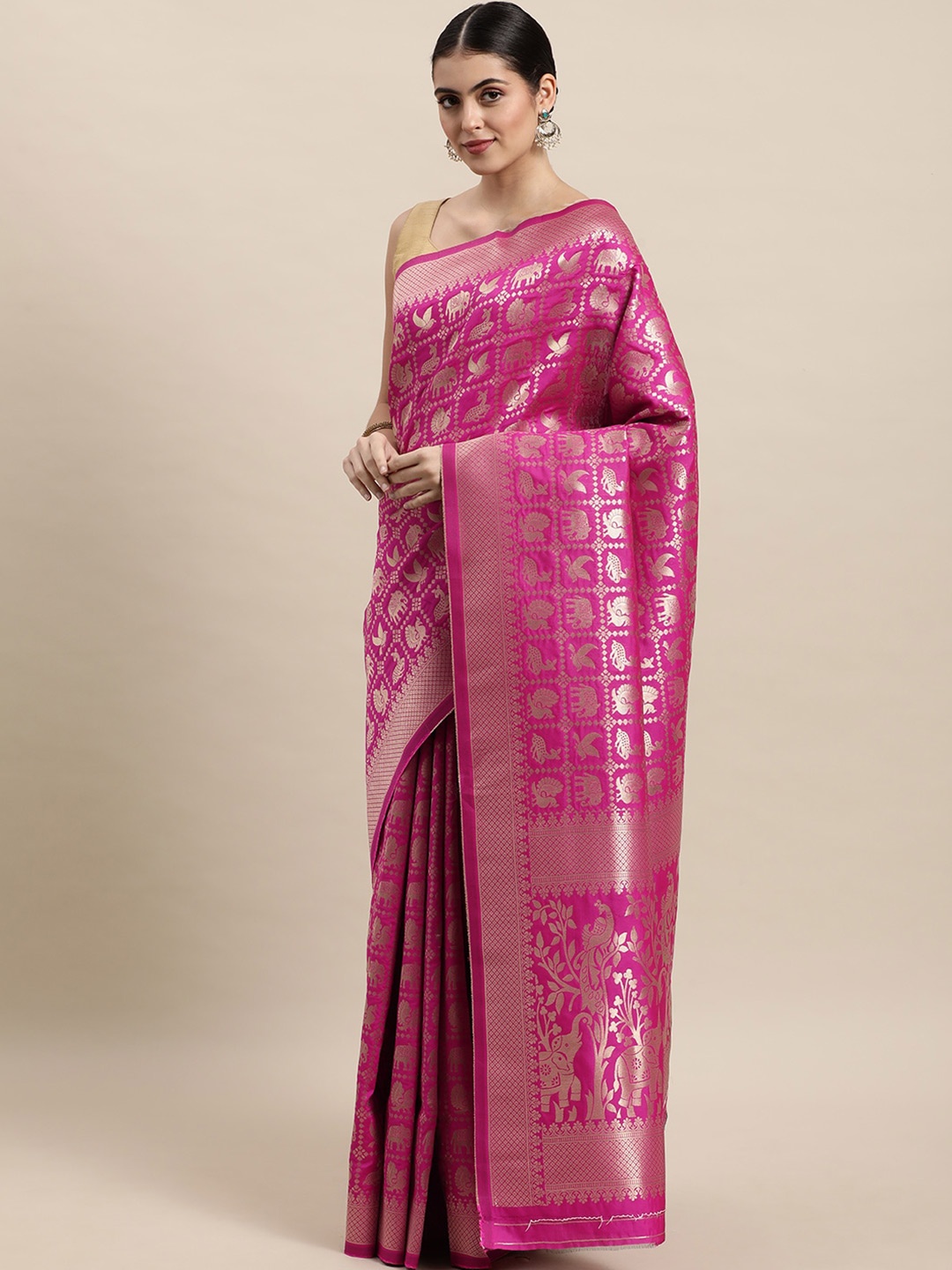 

Royal Rajgharana Saree Ethnic Motifs Woven Design Zari Pure Silk Patola Sarees, Pink