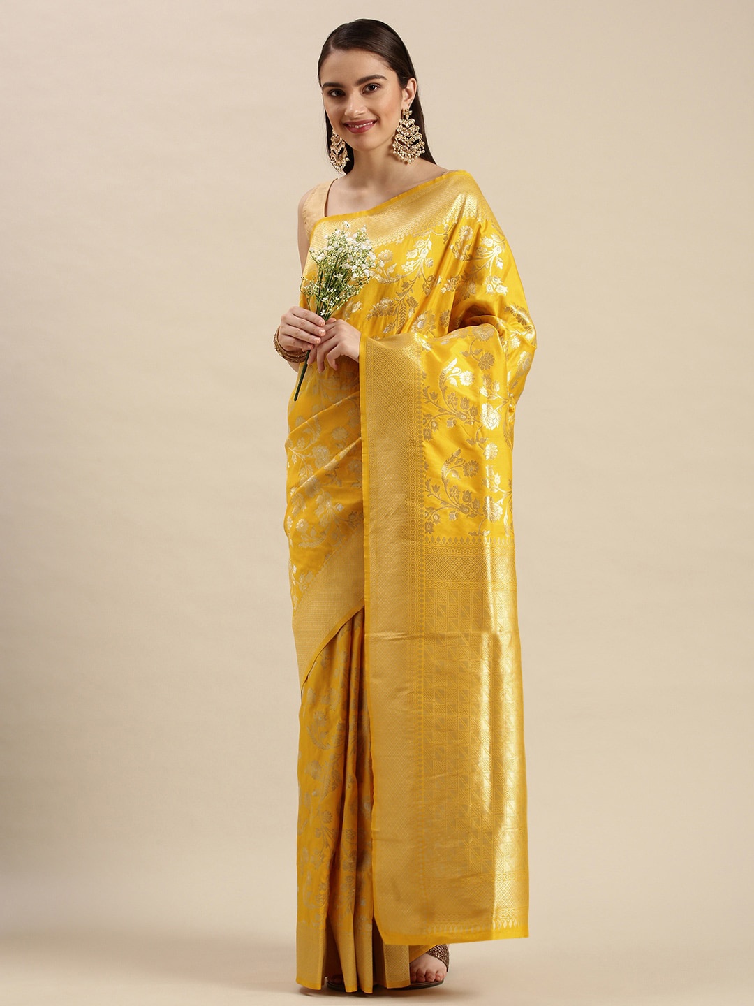 

Royal Rajgharana Saree Floral Motif Woven Design Zari Pure Silk Sarees, Yellow