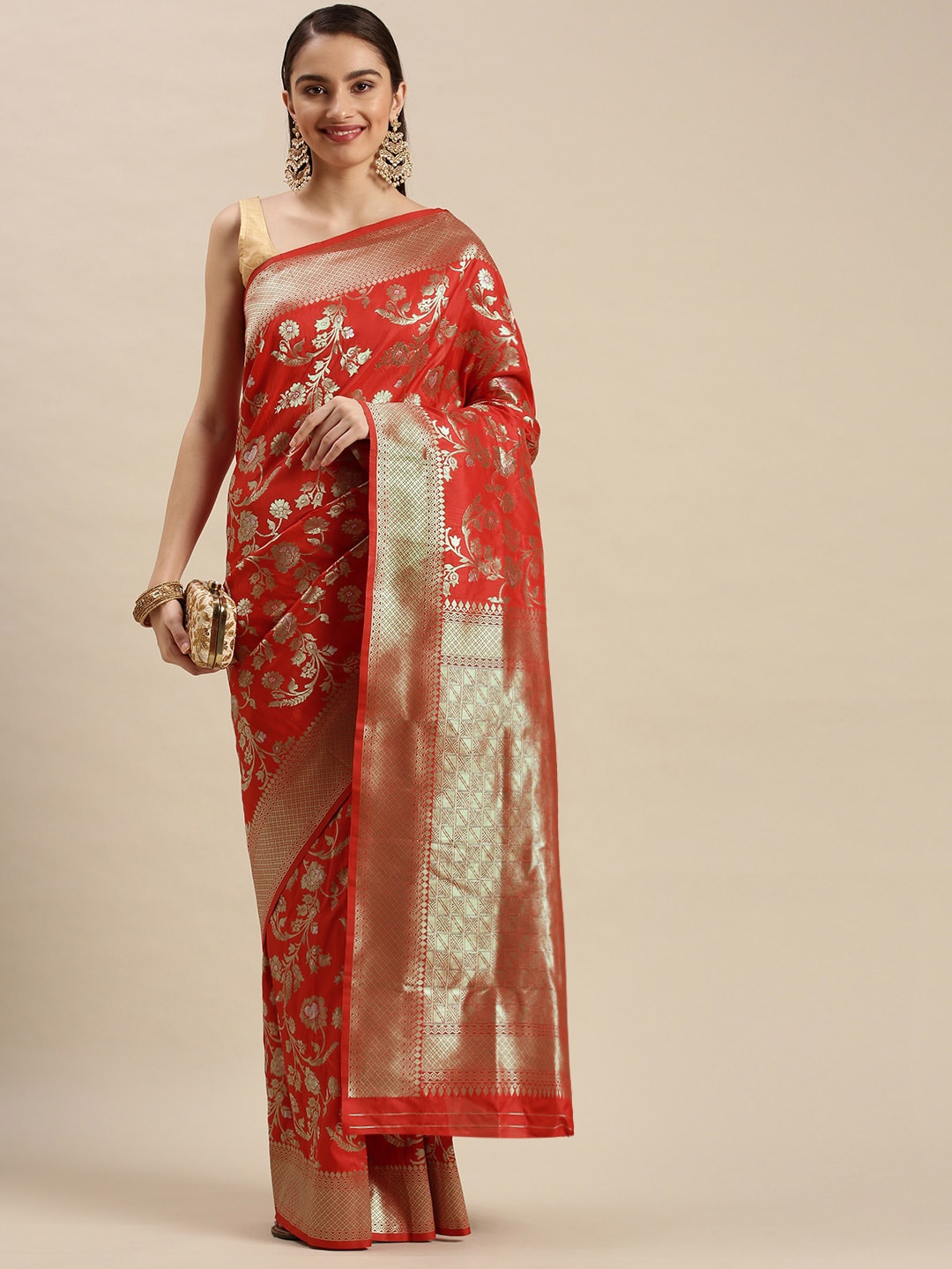 

Royal Rajgharana Saree Floral Woven Design Zari Pure Silk Banarasi Sarees, Red