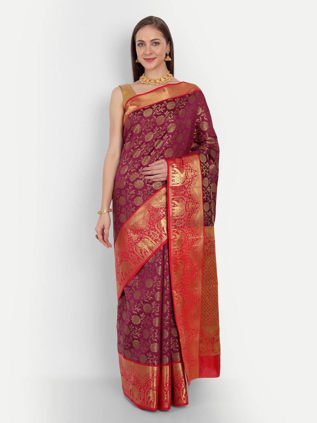 

Royal Rajgharana Saree Floral Woven Design Pure Silk Banarasi Sarees, Burgundy