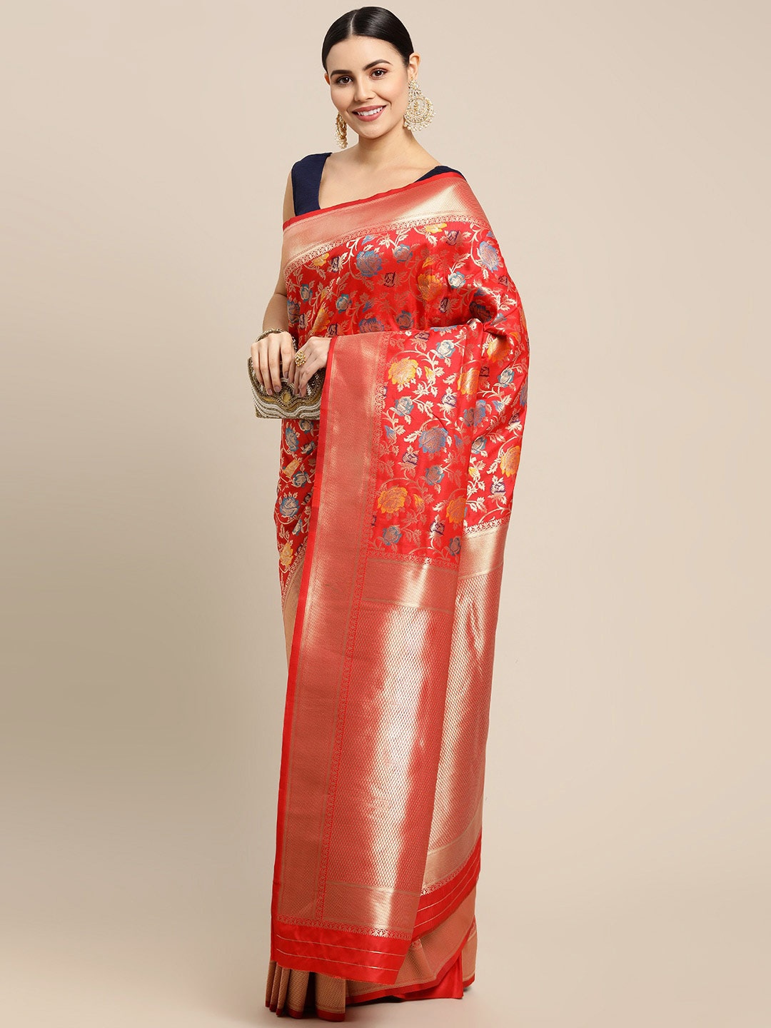 

Royal Rajgharana Saree Floral Woven Design Zari Pure Silk Banarasi Saree, Red