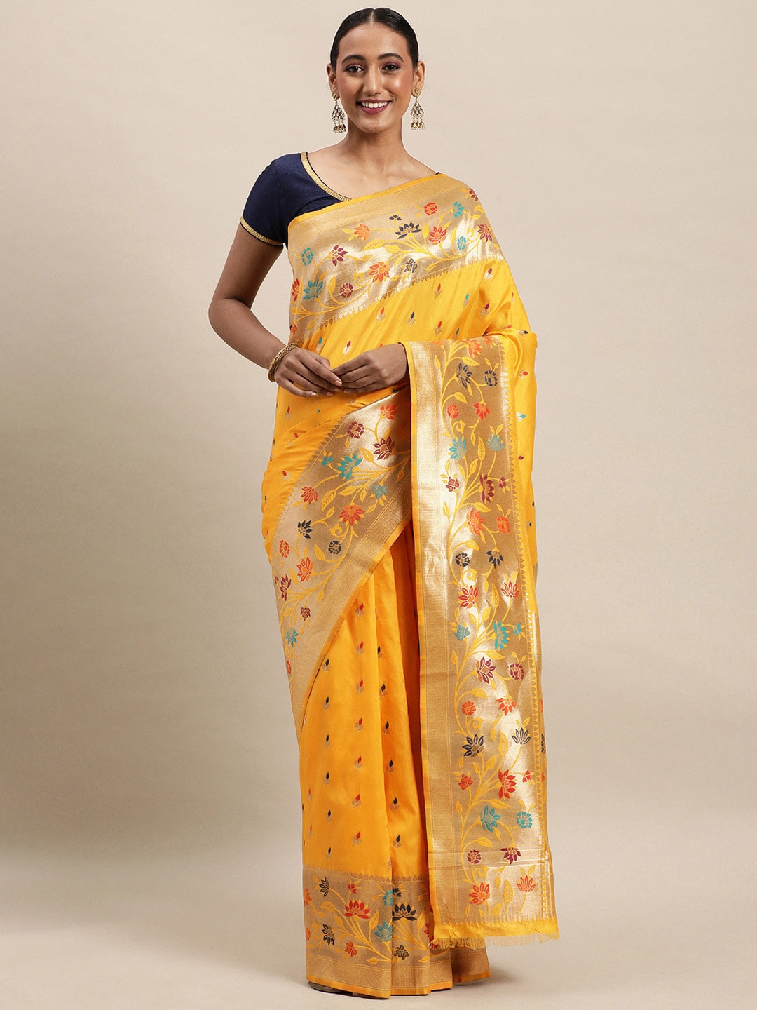 

Royal Rajgharana Saree Floral Woven Design Zari Pure Silk Banarasi Saree, Yellow