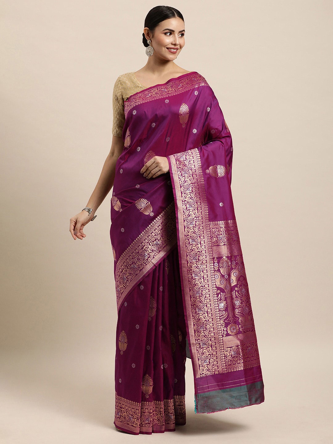 

Royal Rajgharana Saree Floral Woven Design Zari Pure Silk Banarasi Sarees, Purple