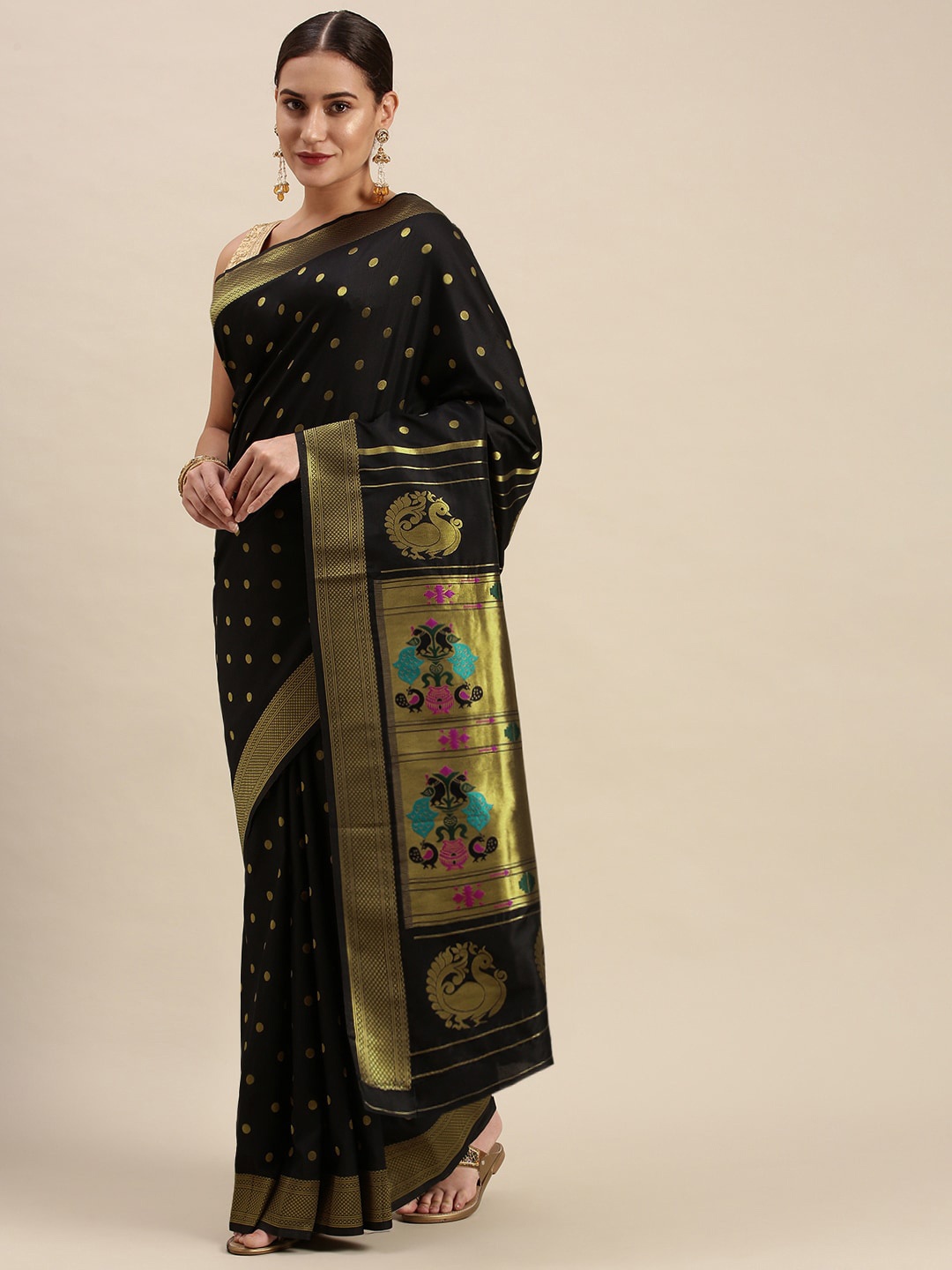 

Royal Rajgharana Saree Woven Design Zari Pure Silk Paithani Sarees, Black