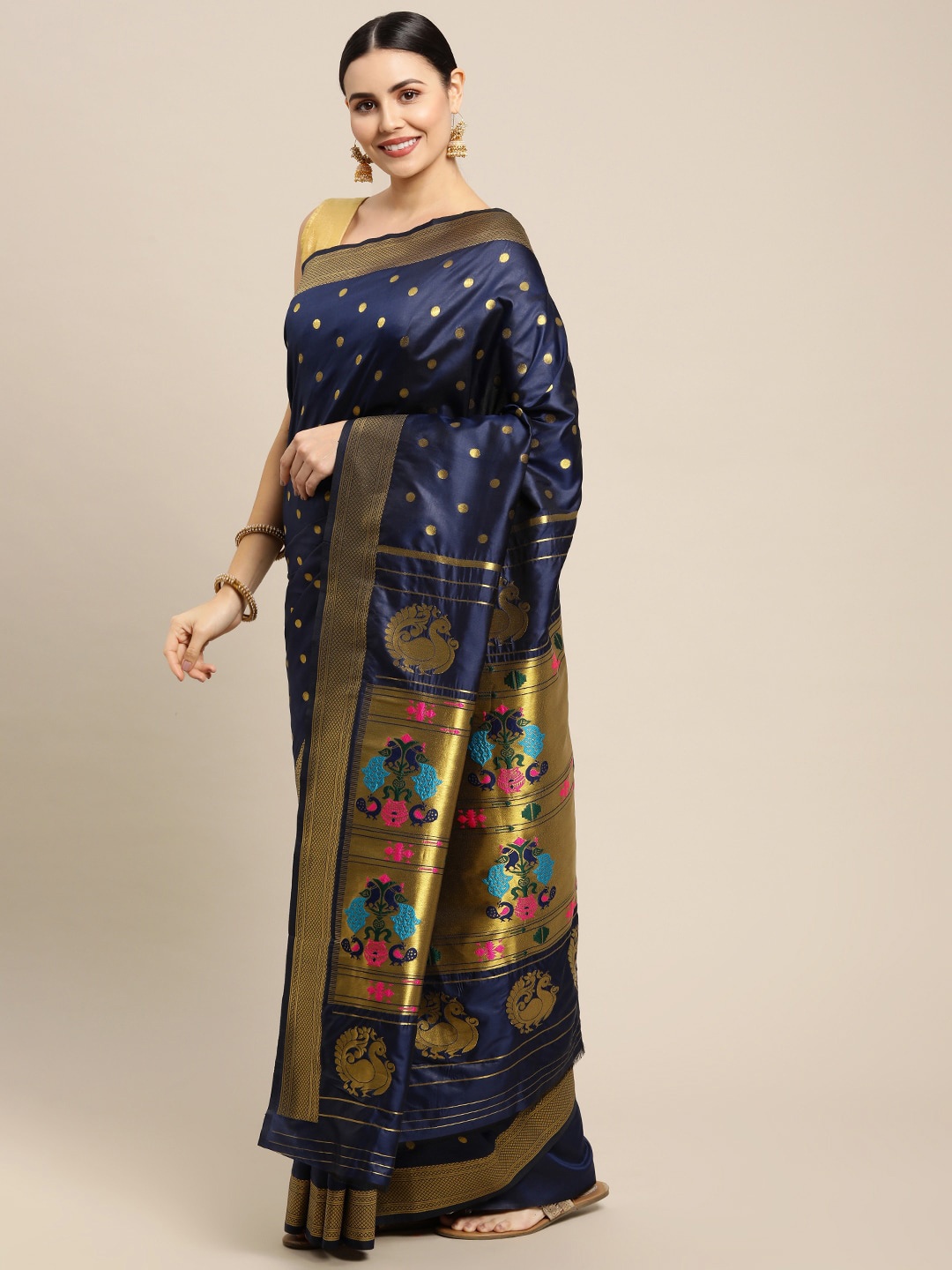 

Royal Rajgharana Saree Woven Design Zari Pure Silk Paithani Saree, Navy blue