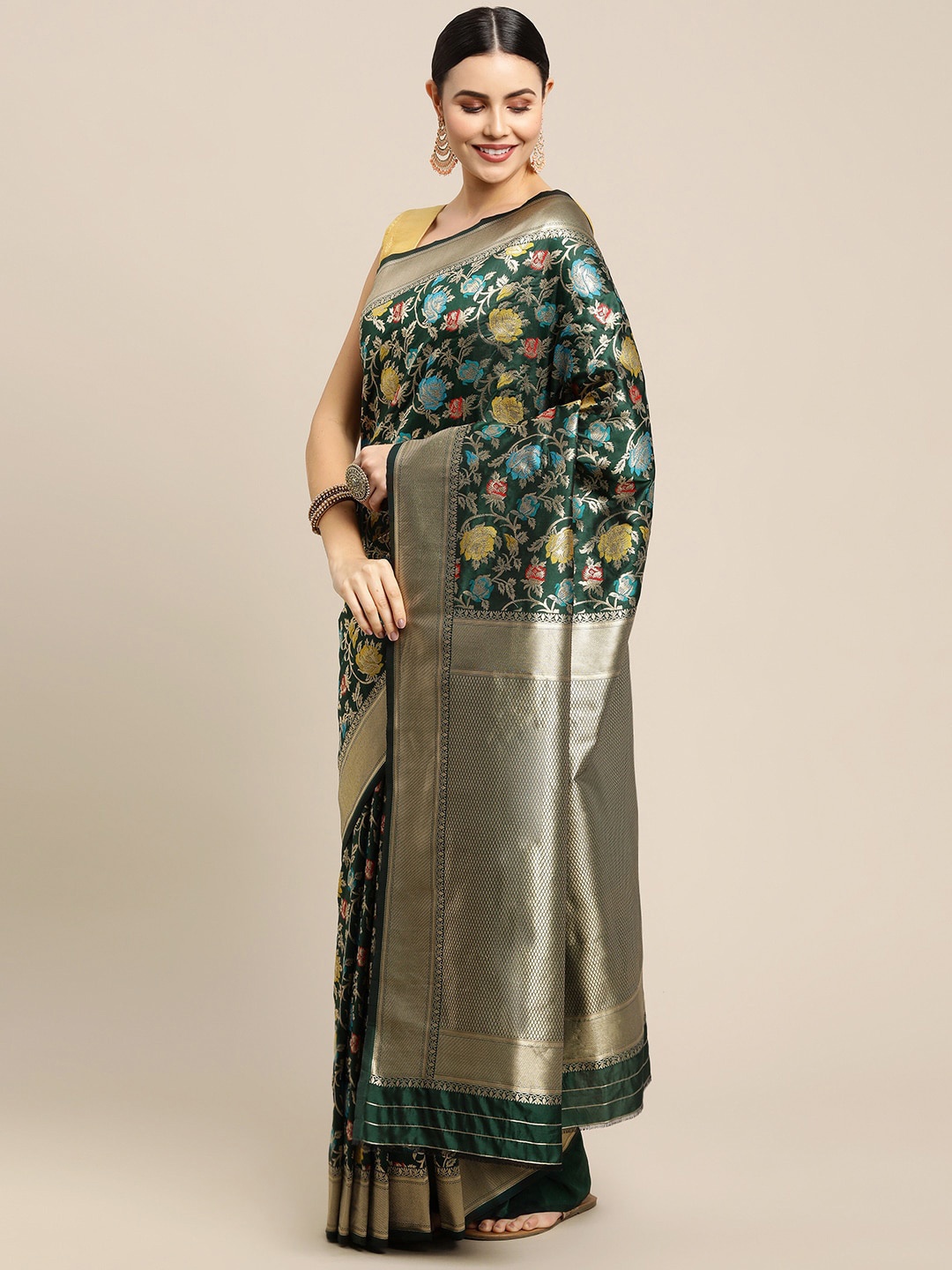 

Royal Rajgharana Saree Floral Zari Pure Silk Banarasi Sarees, Green
