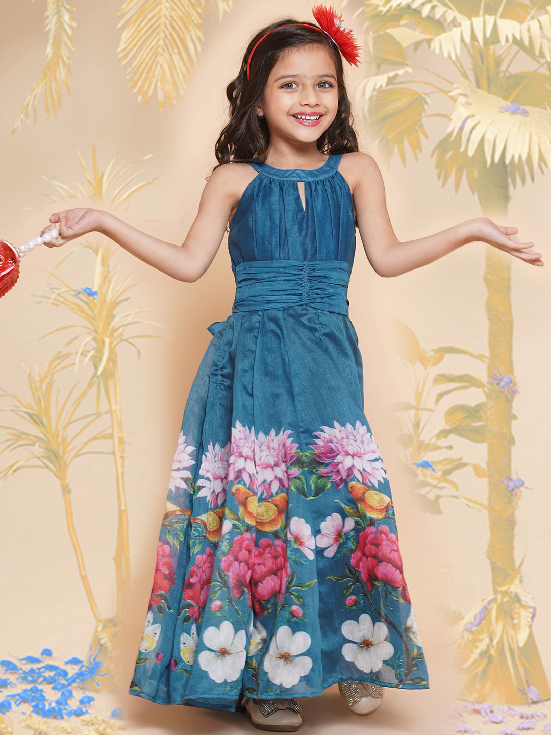 

Bitiya by Bhama Girls Floral Printed Maxi Dress, Blue