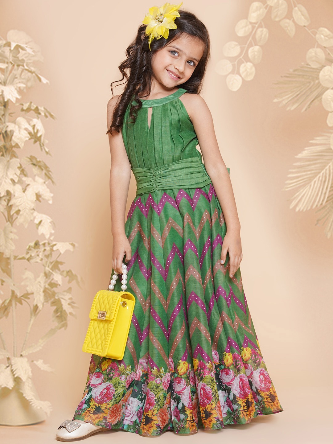 

Bitiya by Bhama Girls Floral Printed Maxi Dress, Green