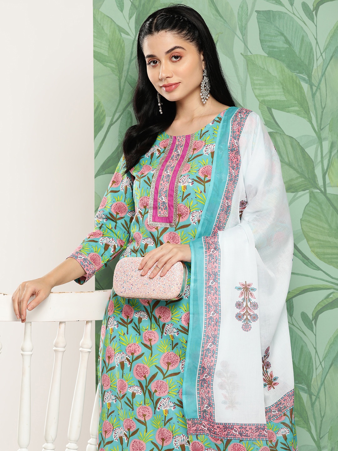 

Yufta Women Floral Printed Regular Gotta Patti Pure Cotton Kurta with Trousers & Dupatta, Blue