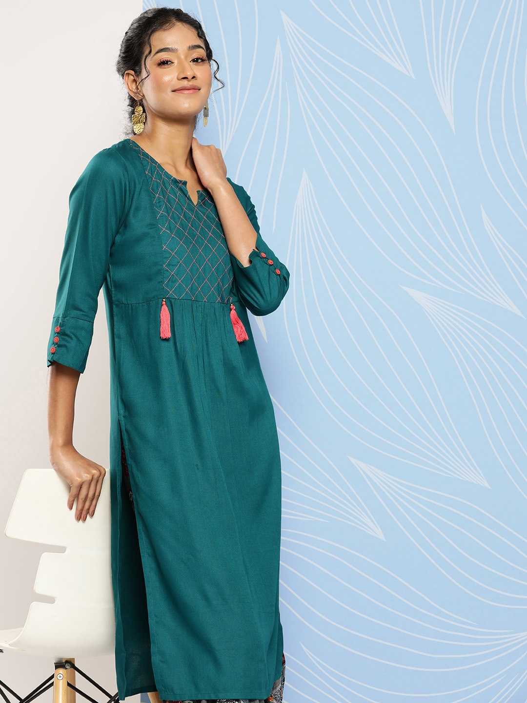 

Yufta Women Teal Pleated Kurta with Sharara