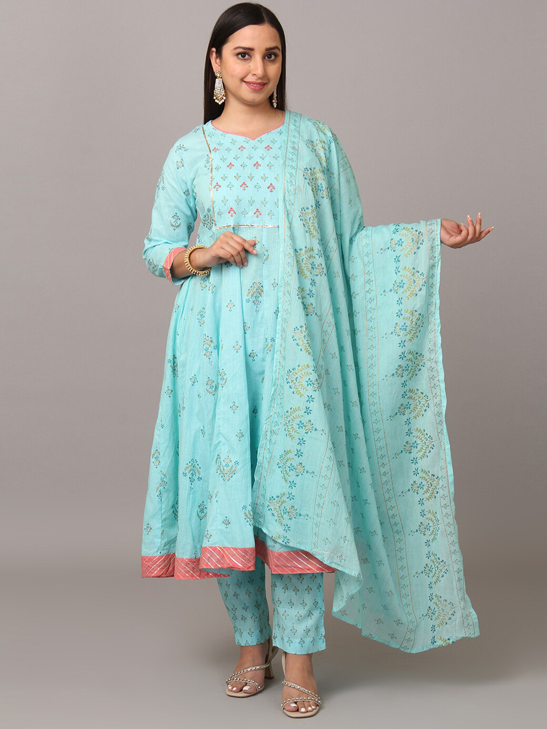 

NAYRA Floral Printed Pure Cotton Anarkali Kurta With Trousers & Dupatta, Blue